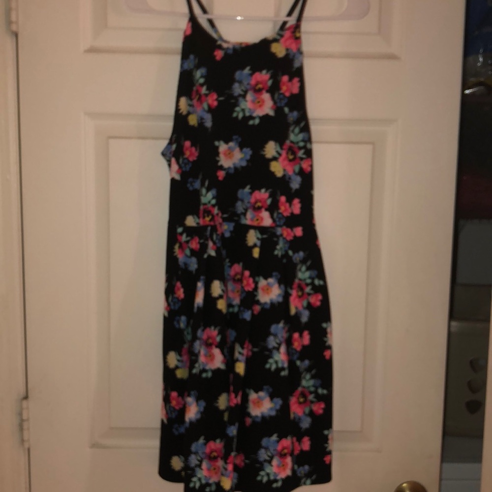 Black dress with nice colorful flowers.